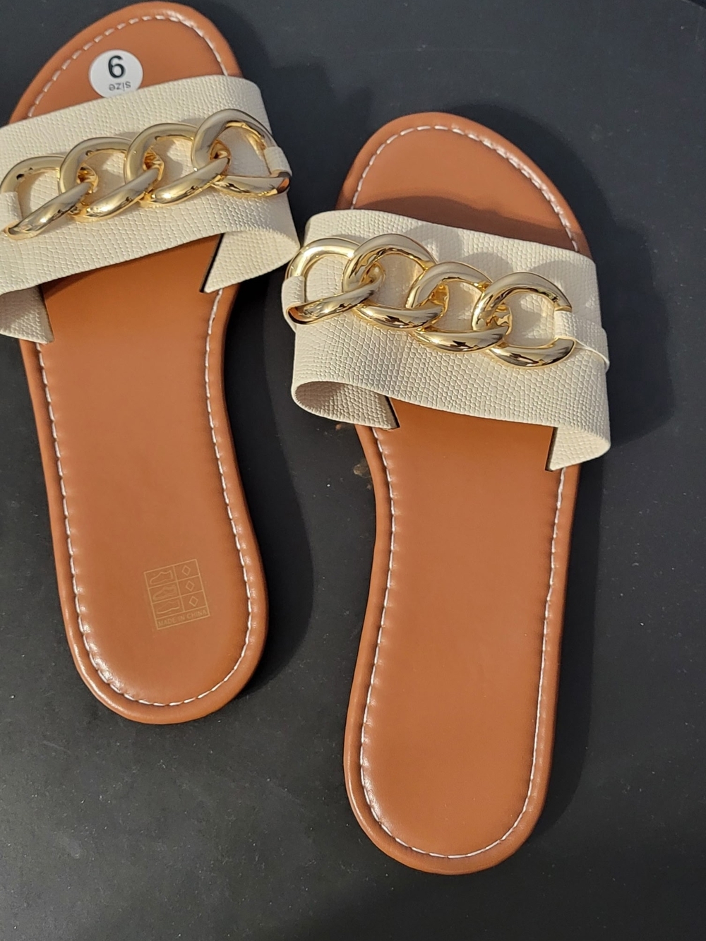 SHEIN Beige Slide Sandals with Gold Chain Detail